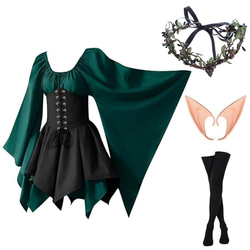 Weekcos Renaissance Traditionelles Irisches Kleid Elfen Kostüm mit Elfenohren, Haarschmuck, Overknee Socken, Mittelalter Kleid Gothic Kleid Damen Cosplay Halloween Karneval (L) von Weekcos