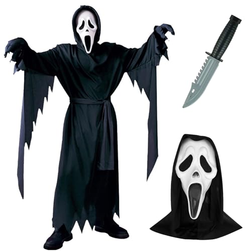 Weekcos Schauriges Screaming Ghost Kostüm für Erwachsene Kinder, Halloween Cosplay Party Kostüm mit Scream Mask und Messer, Faschings kostüme für Halloween Karneval (Kinder, XL) von Weekcos