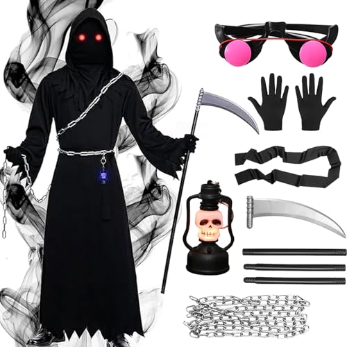 Weekcos Sensenmann Halloween Kostüm für Kinder Erwachsene, Halloween Cosplay Kostüm mit Brille Sense Kette Gürtel für Halloween Karnevals Cosplay (Erwachsene, M) von Weekcos