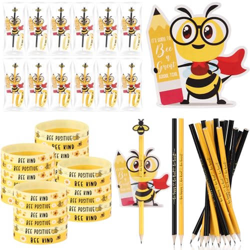 Weekgrat 36 Sets Bienen-Dekorationen für Klassenzimmer, niedliche Biene, Bleistift, Biene, Radiergummi, Bulk-Silikon-Armband, inspirierende Bienenkarten, Strumpffüller für Klassenschüler, Geschenke von Weekgrat