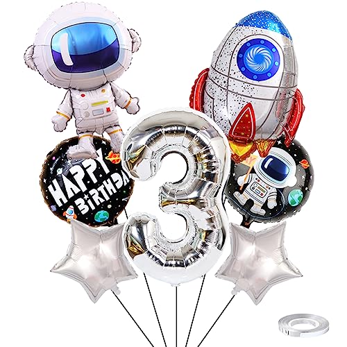 Weenkeey 3. Geburtstag Weltraum Luftballons Riesen Astronaut Rakete Folienballons Silber Zahl 3 Helium Ballon 3. Geburtstag Luftballons Raummann Mylar Balloon für Junge Geburtstag Party von Weenkeey