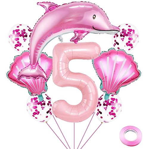 Weenkeey 5 Jahre Delfin Geburtstag Deko Große Delfin Folienballon 5. Geburtstag Delfin Ballons Rosa Zahl 5 Luftballon für Mädchen Geburtstag Party von Weenkeey