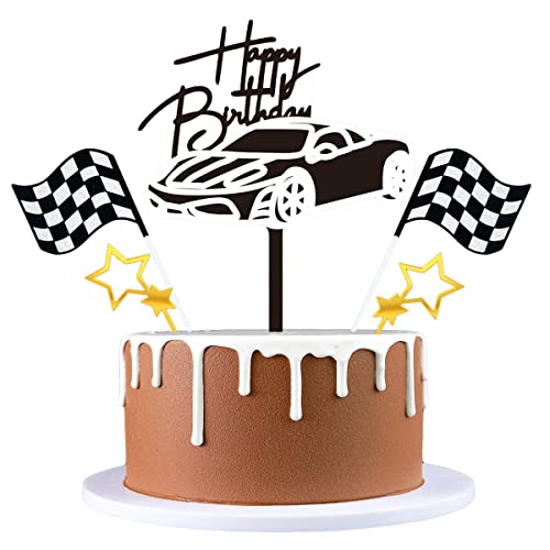 Weenkeey 5 Stück Rennwagen Cake Topper Tortendeko Acryl Auto Happy Birthday Kuchen Topper Racing Theme Kuchenaufsatz mit Stern Checkered Flaggen Cake Picksfür Jungen Geburtstags Party - Silber von Weenkeey