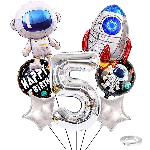 Weenkeey 5. Geburtstag Weltraum Luftballons Riesen Astronaut Rakete Folienballons Silber Zahl 5 Helium Ballon 5. Geburtstag Luftballons Raummann Mylar Balloon für Junge Geburtstag Party von Weenkeey