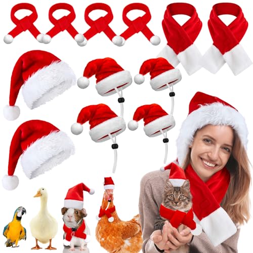 Weewooday 12-teiliges Weihnachtsmützen-Set für Haustiere, Huhn, Erwachsene, Kinder, 4 verstellbare Riemen, Mini-Weihnachtsmannmütze, 4 Tierschals, 2 Unisex-Weihnachtsmützen, 2 warme Winter-Schals für von Weewooday