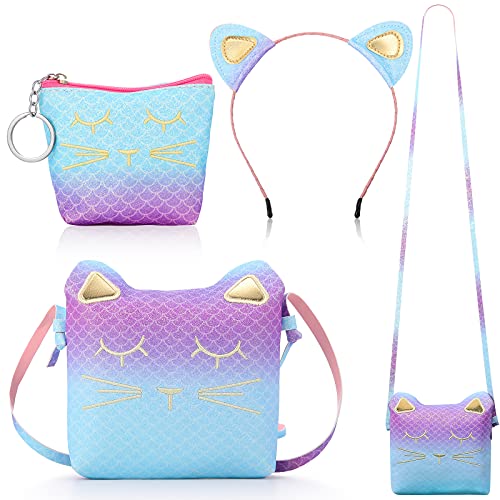 Weewooday 3 Stück Katze Schultertasche Set Weihnachten Süße Umhängetasche Handtasche mit Mini Geldbörse Katze Haarreif Geschenk für Mädchen (Blau, Lila) von Weewooday