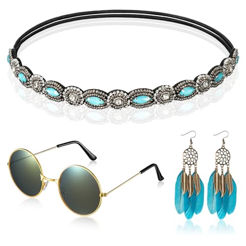 Weewooday 4 Stück Hippie Kostüm Set Böhmische Party Dressing Accessoires inklusive Brille Stirnband Ohrhänger für die 60er und 70er Jahre (Grüngrauer Stil) von Weewooday