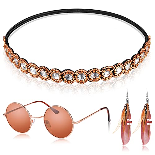 Weewooday 4 Stück Hippie Kostüm Set Böhmische Party Dressing Accessoires inklusive Brille Stirnband Ohrhänger für die 60er und 70er Jahre (Bronzestil) von Weewooday