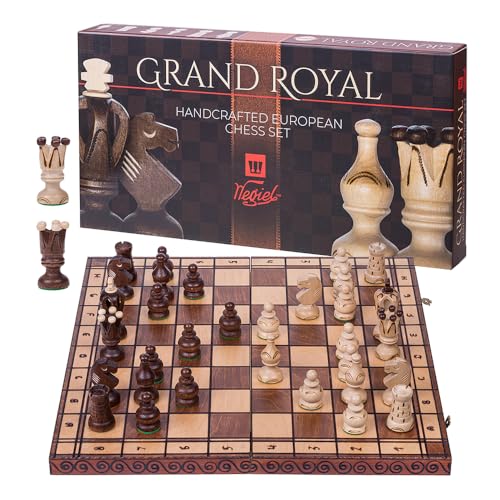 Schach aus Holz Grand ROYAL + 2 x Damen - 48 x 48 cm Geschenkverpackung - Schachbrett & Schachfiguren Edel aus Holz von Wegiel