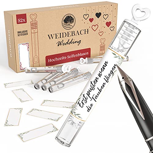 WEIDEBACH® Romantisches 52x Seifenblasen Set, perfekte Hochzeitsdeko inkl. 52 beschriftbare Sticker, Hochzeit Seifenblasen für unvergessliches Hochzeitsfoto, Herz Seifenblasen, Mini Seifenblasen. von Weidebach