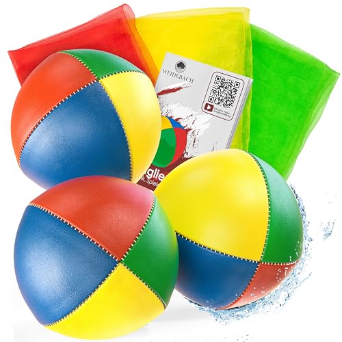 Weidebach® 3X Qualitäts Jonglierbälle + 3 Tücher, Ø 67 mm Jonglierbälle Anfänger, 130g schwer, wasserunempfindlich, Juggling Balls inkl. Anleitung, Jonglierbälle Profi, Jonglierball, Jonglieren Set von Weidebach