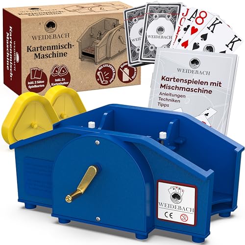 Weidebach® Blaue Kartenmischmaschine mit Goldener Kurbel für alle Standard Kartenspiele, Kartenmischer mit 2X Kartenspielen & Ersatzkurbel, Karten Mischgerät mit Buch für lustige Spieleabende von Weidebach