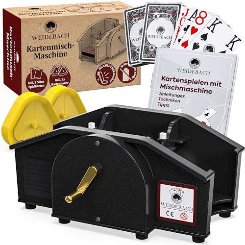 Weidebach® Schwarze Kartenmischmaschine mit Goldener Kurbel für alle Standard Kartenspiele, Kartenmischer mit 2X Kartenspielen & Ersatzkurbel, Karten Mischgerät mit Buch für lustige Spieleabende von Weidebach