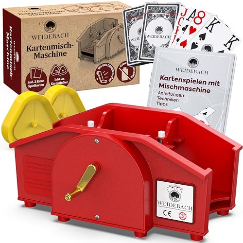 Weidebach® rot Kartenmischmaschine mit Goldener Kurbel für alle Standard Kartenspiele, Kartenmischer mit 2X Kartenspielen & Ersatzkurbel, Karten Mischgerät mit Buch für lustige Spieleabende von Weidebach