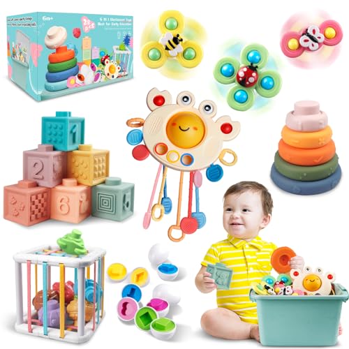 Baby Spielzeug für 6 bis 12 Monate, Montessori Spielzeug für Babys, Sensorisches Baby Spielzeug, 6 in 1 Motorikspielzeug, Stapelspielzeug Blöcken und Ringen, passende Eier, Saugnapf-Kreiselspielzeug von Weilim