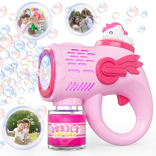 Einhorn Dinosaurier LED Seifenblasenmaschine Kinder Seifenblasenpistole + 200ml Seifenblasen Flüssigkeit, Seifenblasen Pistole Spielzeug ab 3 Jahre Geschenke für Kindergeburtstag Party Hochzeit (Rosa) von Weilim