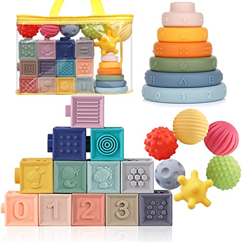Montessori Spielzeug für Baby 6-12 Monate, 3 in 1 Stapelspiel Bausteine Babyspielzeug Set ab 1 2 3 Jahre Sensorik Spielzeug Lernspielzeug für Kleinkind, Beißring Stapelspiel von Weilim