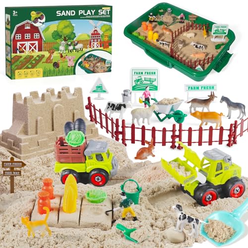 Weilim Kinetischer Sand Koffer Set 1000g Magic Sand 2 Fahrzeuge 8 Bauernhoftiere Sandkasten mit Abdeckung, Magischer Zaubersand Sandspielzeug Spielsand Spielzeug für Kinder ab 3 Jahre Junge Mädchen von Weilim