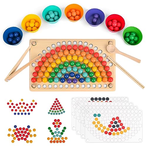 Weinsamkeit Clip Beads Brettspiel, Montessori Spielzeug, Rainbow Bead Game, Motorikspielzeug, Holz Clip Beads Brettspiel, Puzzle Board, Vorschule Lernspielzeug Geschenk für Kinder Mädchen Jungs von Weinsamkeit