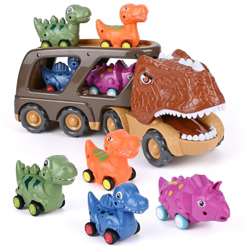 Weinsamkeit Dinosaurier LKW Spielzeug mit Brüllen Sound, 5 in 1 T-Rex Autotransporter Dinosaurier Spielzeug ab 3 4 5 Jahre, Dino Spielzeugautos Geschenke für Kinder Junge Mädchen Kleinkinder von Weinsamkeit