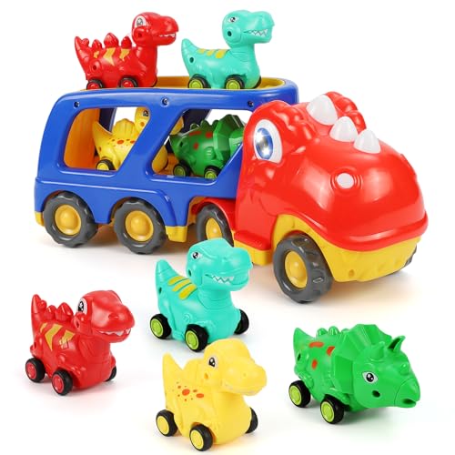 Weinsamkeit Dinosaurier LKW Spielzeug mit Brüllen Sound & Lichter, 5 in 1 T-Rex Autotransporter Dinosaurier Spielzeug ab 3 4 5 Jahre, Dino Spielzeugautos Geschenke für Kinder Kleinkinder Junge Mädchen von Weinsamkeit