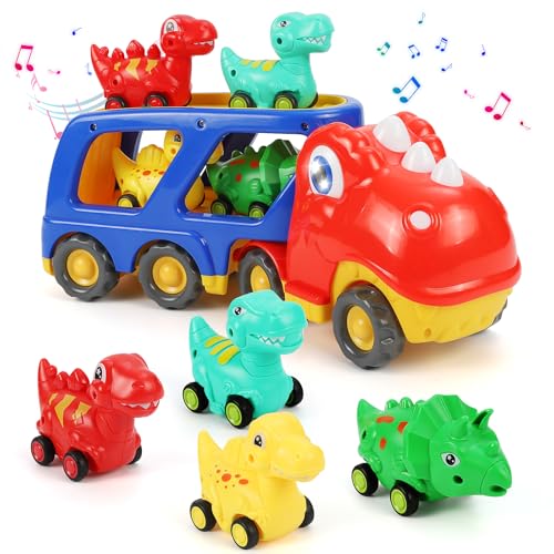 Weinsamkeit Dinosaurier LKW Spielzeug mit Brüllen Sound & Lichter, 5 in 1 T-Rex Autotransporter Dinosaurier Spielzeug ab 3 4 5 Jahre, Dino Spielzeugautos Geschenke für Kinder Kleinkinder Junge Mädchen von Weinsamkeit