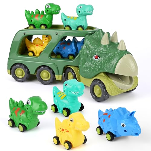 Weinsamkeit Dinosaurier LKW Spielzeug mit Brüllen Sound & Lichter, 5 in 1 T-Rex Autotransporter Dinosaurier Spielzeug ab 3 4 5 Jahre, Dino Spielzeugautos Geschenke für Kinder Kleinkinder Mädchen Junge von Weinsamkeit