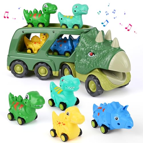 Weinsamkeit Dinosaurier LKW Spielzeug mit Brüllen Sound & Lichter, 5 in 1 T-Rex Autotransporter Dinosaurier Spielzeug ab 3 4 5 Jahre, Dino Spielzeugautos Geschenke für Kinder Kleinkinder Mädchen Junge von Weinsamkeit