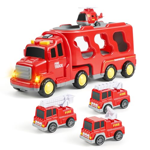 Weinsamkeit Spielzeug Auto ab 2 Jahren Feuerwehrauto Spielzeug für Kleinkinder 5 in 1 Kinder Transporter LKW Spielzeug mit Licht und Musik Weihnachten Geburtstagsgeschenke für Jungen Mädchen 2-5 Jahre von Weinsamkeit