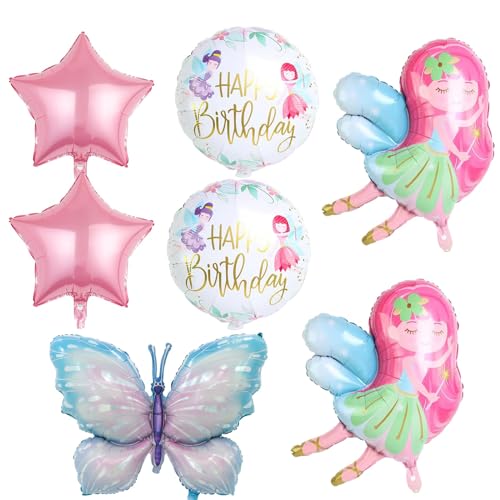 7 Stück Fee Folienballon, Flügelfee Helium Ballon, Zauber Fee Themenballon, Kinder Happy Birthday Schmetterling Ballon, Elfen Figuren Folienballons Kinder Party Dekoration Mädchen von Wekuw