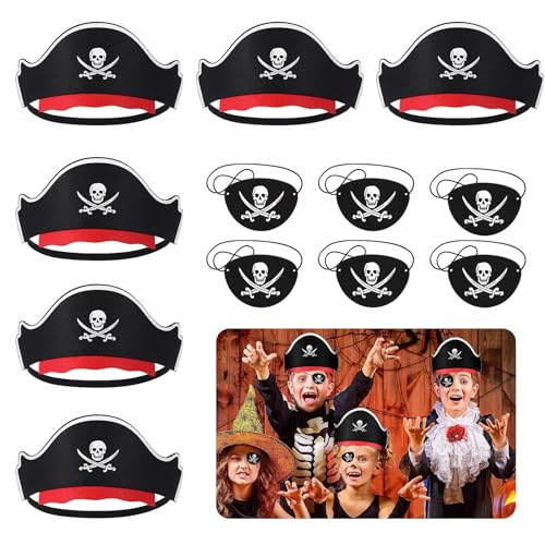 Wekuw 6 Stücke Piratenhut Kinder 6 Pcs Augenklappe Pirat Kinder Piraten Zubehör Piraten Hut und Eye Patch set Piratenhut Kindergeburtstag Piraten Hut Geeignet für Feiertagspartys, Piraten-Mottopartys von Wekuw