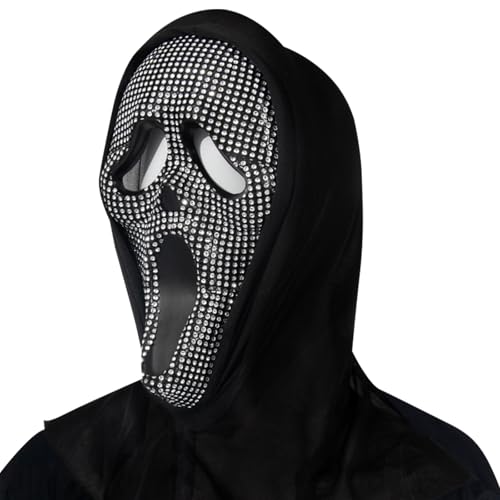 Wekuw Ghost Face Scream Maske Gruselige Schrei Maske Ghostface Maske Scream Maske für Erwachsene mit Strass und Glitzer Halloween Scary Movie Maske, für Halloween, Kostüm Partys und Horror Events von Wekuw