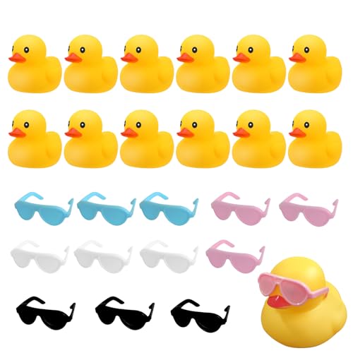 Wekuw Gummi Badeenten, 12 Stück Mini Quietscheente Badeente Lustig Gummienten Rubber Duck Plastikenten Badespielzeug Gelbe Entchen mit 12 Stück Sonnenbrillen für Party, Zimmer, Büro, Auto Dekoration von Wekuw