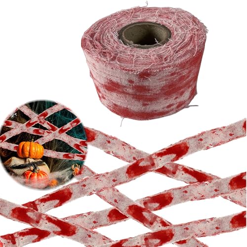 Wekuw Halloween Blutverband, 10m x 8cm Halloween-Blutverband Halloween Gaze Gruseliges Blutgaze Tuch Requisiten Halloween Deko Room Escape Haunted House Theme für Cosplay und Partydekoration von Wekuw