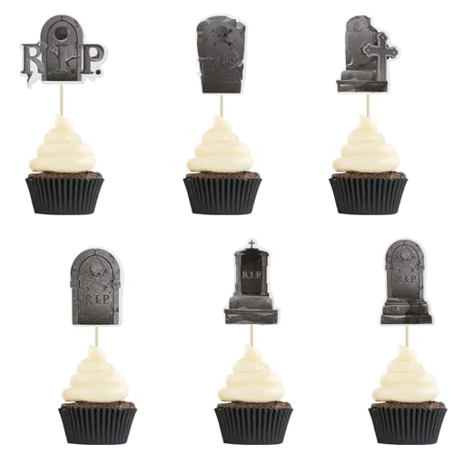 Wekuw Halloween Cupcake Topper, 36 Stück Grabstein Cupcake Toppers Muffin Deko Halloween Kuchen Deko Tortendeko Geburtstag Horror Deko Schwarz für Halloween Party von Wekuw