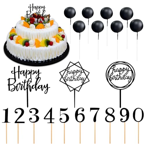 Wekuw Tortendeko Geburtstag, 21 Stück Tortendeko Schwarz Happy Birthday Cake Topper Tortendeko Kugeln Geburtstags Zahlen Kuchen Deko für Mädchen, Kinder, Hochzeit, Mutter von Wekuw