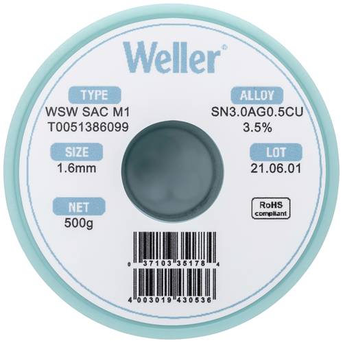 Weller T0051386099 Lötzinn, bleifrei Spule, bleifrei Sn3,0Ag0,5Cu 500g 1.60mm von Weller