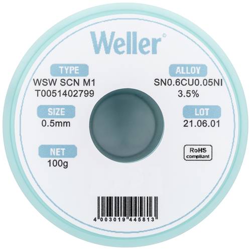 Weller T0051402799 Lötzinn, bleifrei bleifrei, Spule Sn0,6Cu0,05Ni 100g 0.50mm von Weller