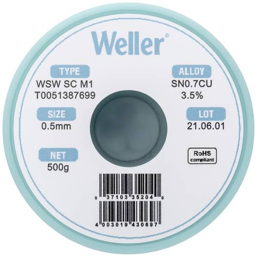 Weller WSW SC M1 Lötzinn, bleifrei Spule Sn0,7Cu 500g 0.5mm von Weller