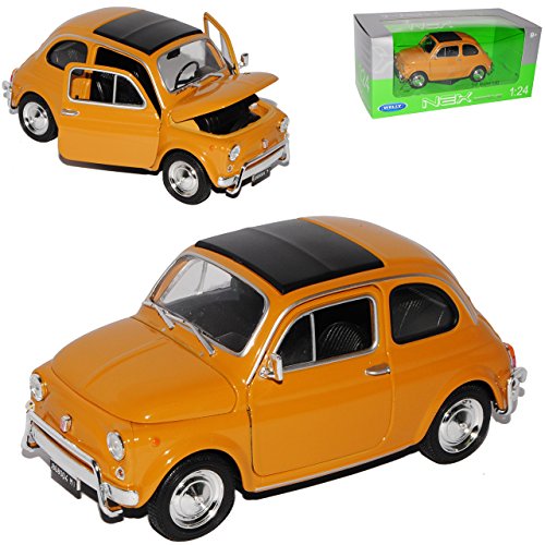 Welly FIAT 500 Klassik Gelb Orange Ur Modell ab 1957 1/24 Modell Auto mit individiuellem Wunschkennzeichen von Welly