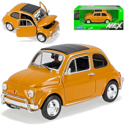 Welly FIAT 500 Klassik Gelb Orange Ur Modell ab 1957 1/24 Modell Auto mit individiuellem Wunschkennzeichen von Welly