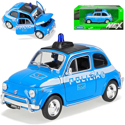 Welly FIAT 500 Klassik Polizia Polizei Blau Ur Modell ab 1957 1/24 Modell Auto mit individiuellem Wunschkennzeichen von Welly