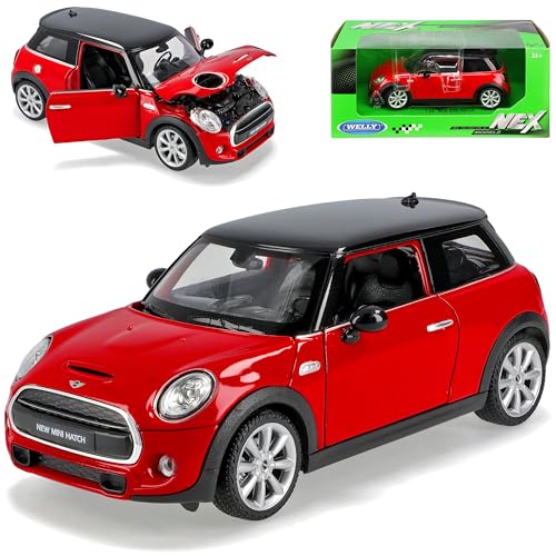 Welly Mini Cooper S F56 New Hatch 3 Türer Rot Ab 2014 1/24 Modell Auto mit individiuellem Wunschkennzeichen von Welly