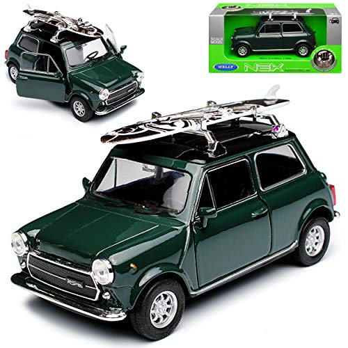 Welly Mini Cooper Ur Modell Grün mit Schwarzem Dach und Surfbrett 1959-2000 ca 1/43 1/36-1/46 Modell Auto mit individiuellem Wunschkennzeichen von Welly