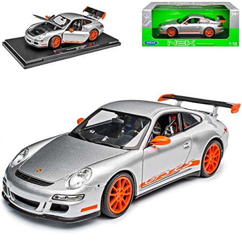 Welly Porsche 911 997 GT3 RS Silber mit Orange 2004-2011 1/18 Modell Auto mit individiuellem Wunschkennzeichen von Welly