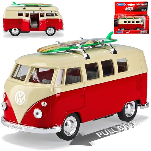 Welly Volkwagen T1 Rot Weiss mit Surfbrett Samba Bully Bus 1950-1967 ca 1/43 1/36-1/46 Modell Auto von Welly