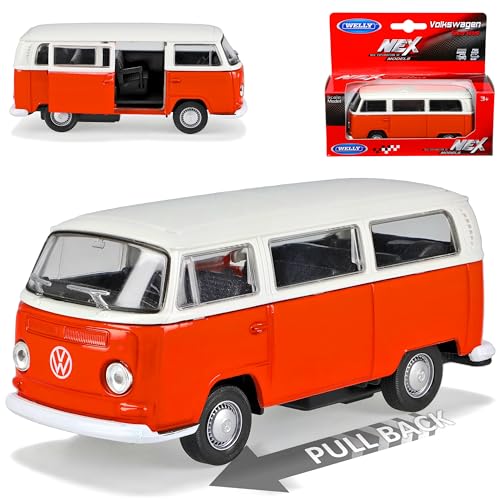 Welly Volkwagen T2 Orange Beige Bus Transporter 1967-1979 mit Rückzugsmotor ca 1/43 1/36-1/46 Modell Auto von Welly