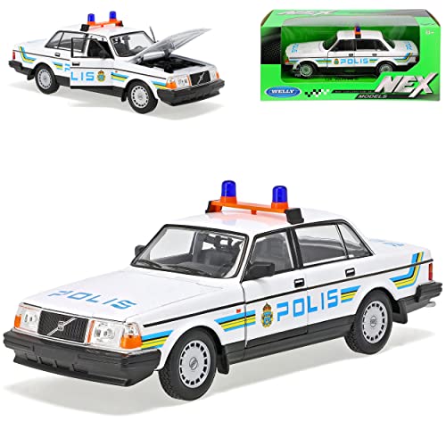 Welly Volvo 240 GL Limousine Weiss Blau Gelb Schweden Polizei Polis 1974-1993 1/24 Modell Auto mit individiuellem Wunschkennzeichen von Welly