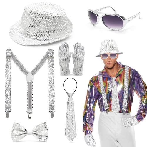 6 Stück Glitzer Accessoires Herren, Silber Herrenhut und Sonnenbrille Pailletten Hosenträger Fliege Krawatte, 70er Jahre Glitzer Outfit Herren für Fasching Party Jazz Dance Performence (Silber) von Wendergo