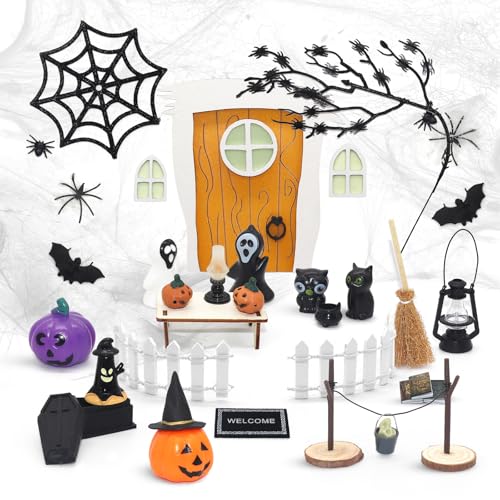 39 Stück Halloween Puppenhaus Zubehör Miniatur Halloween Deko Wichteltür Spinnennetz spinne Eimer Fledermaus kürbis Besen Geister Garten Thema Mini Herbst Dekoration Halloween Deko von Wendergo